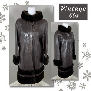 Vintage 60s 70s Brown Leather Faux Fur Coat Winter Mod Hippie Groovy Bohemian